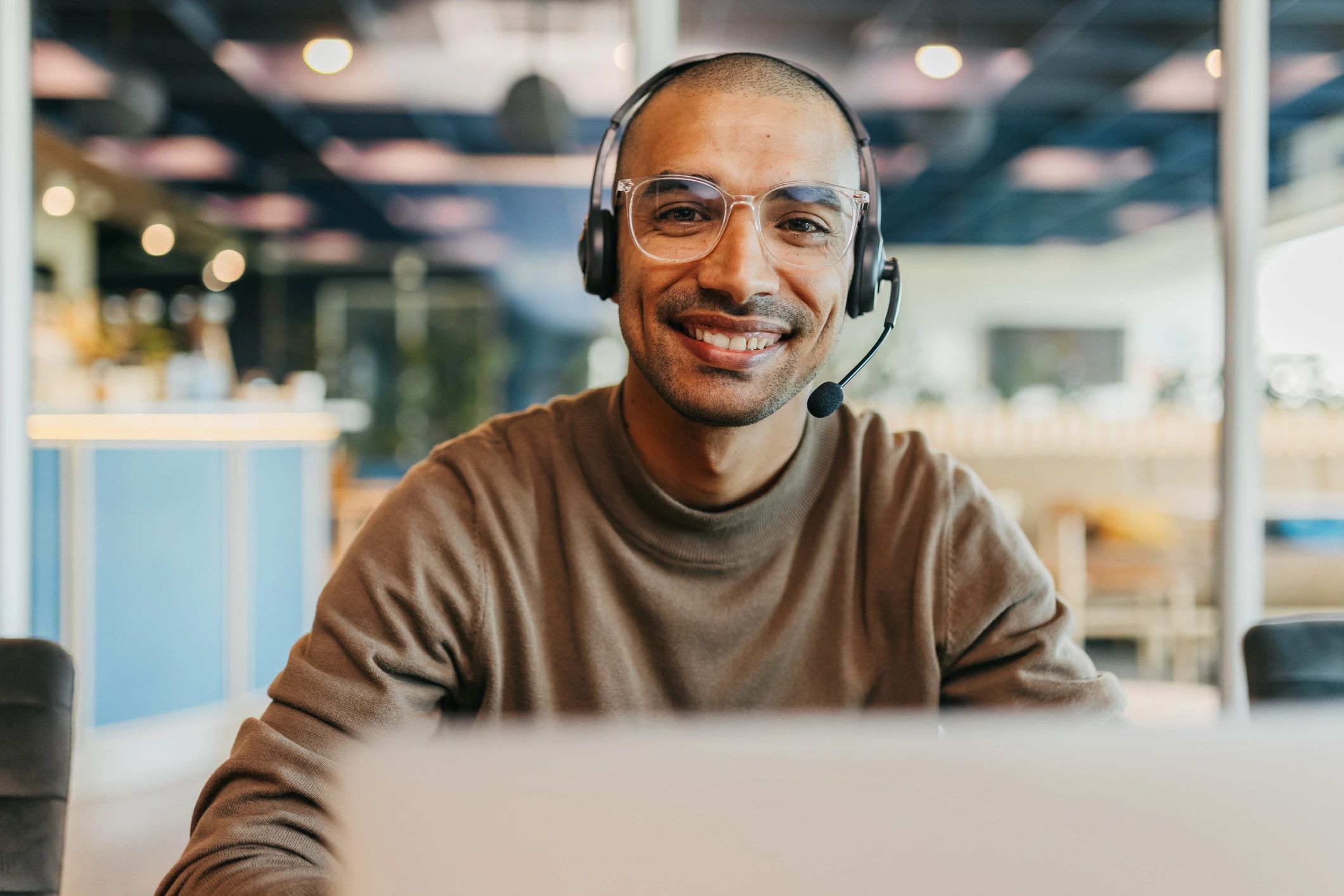 Customer service representative wearing a headset